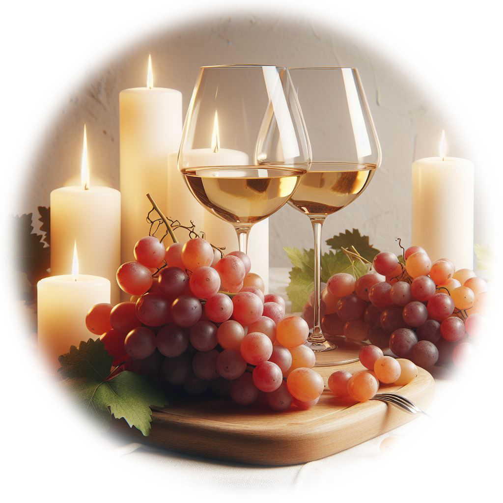 Wein als Weihnachtsgeschenk. Im Bild: 2 Weißweingläser, Weintrauben, viele Kerzen, Gemütlichkeit, warme Stimmung
