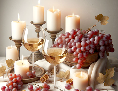 Im Bild: Zwei Weinßweingläser, daneben goldene Weintrauben drapiert, rundherum weiße Kerzen, die entzündet sind. Es sieht sehr festlich aus.